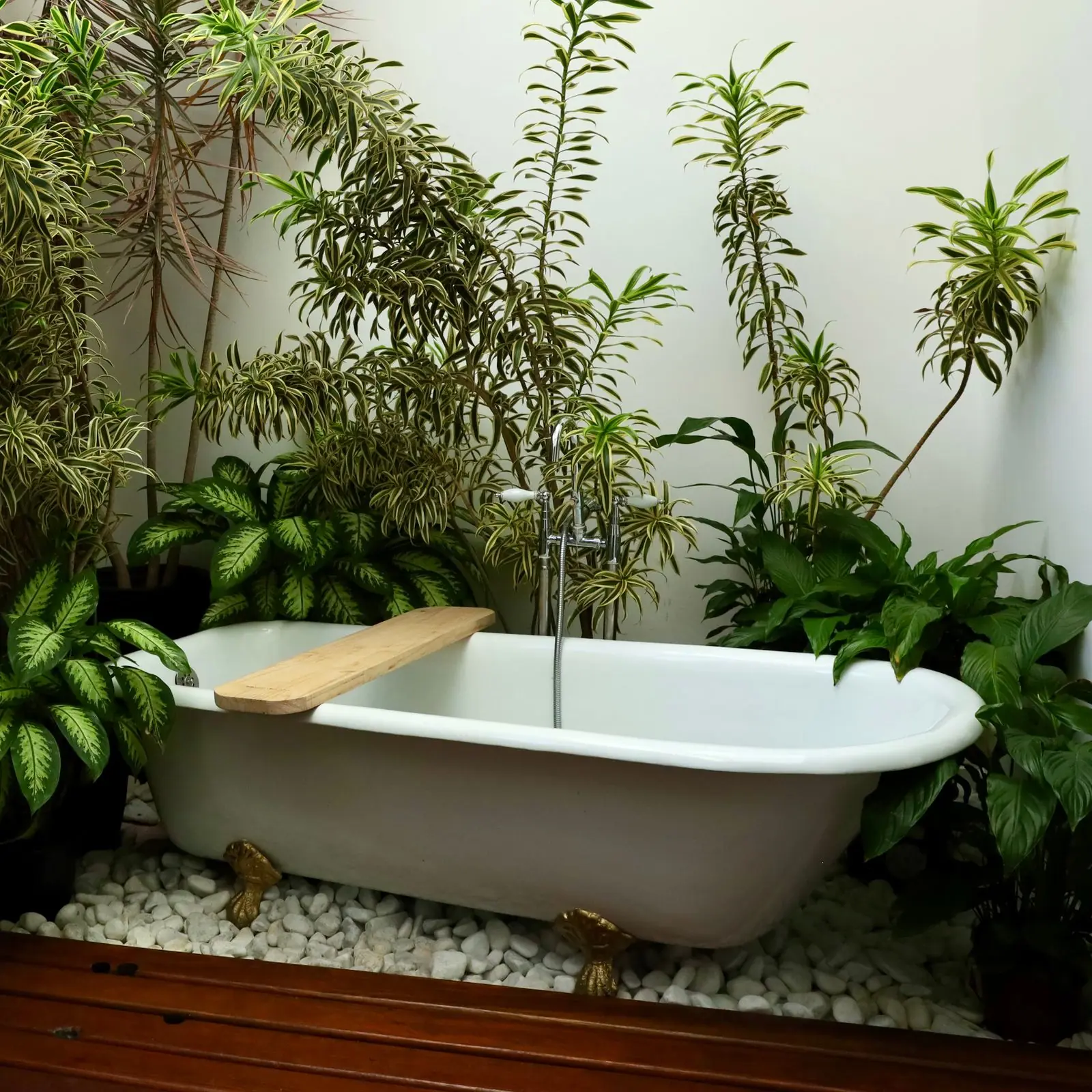 Freestanding bathtub in an open-air villa bathroom