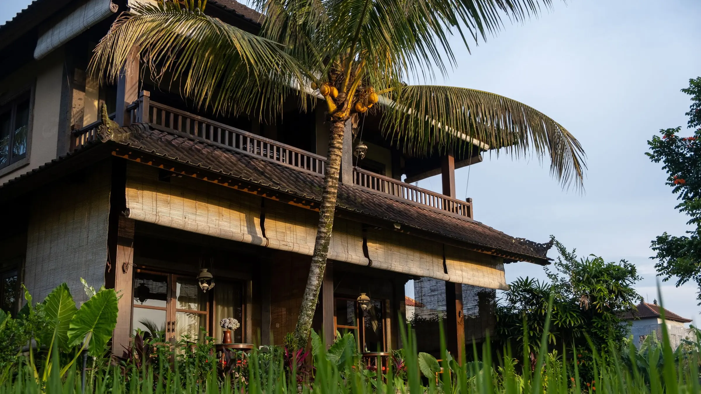 Two-storey tropical house with timber balconies behind a coconut palm
